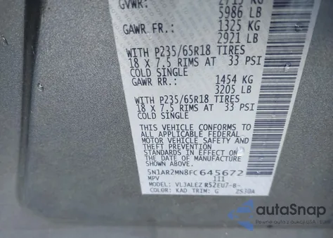 2015 Nissan Pathfinder Sv из США, поврежденный, VIN 5N1AR2MN8FC645672